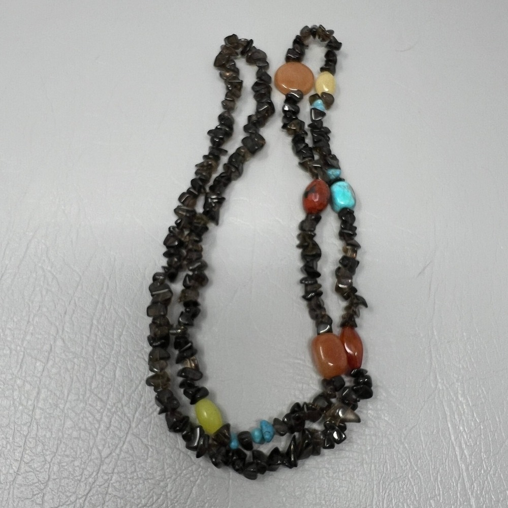 Handmade Brown Gray Chip Stone Necklace Orange Blue‎ Yellow Stone Accents